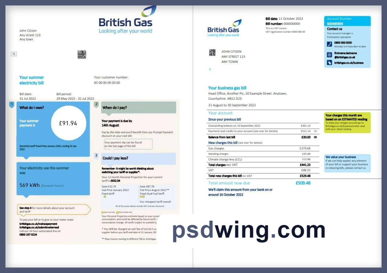 United Kingdom British Gas Bill (2 Pages)
